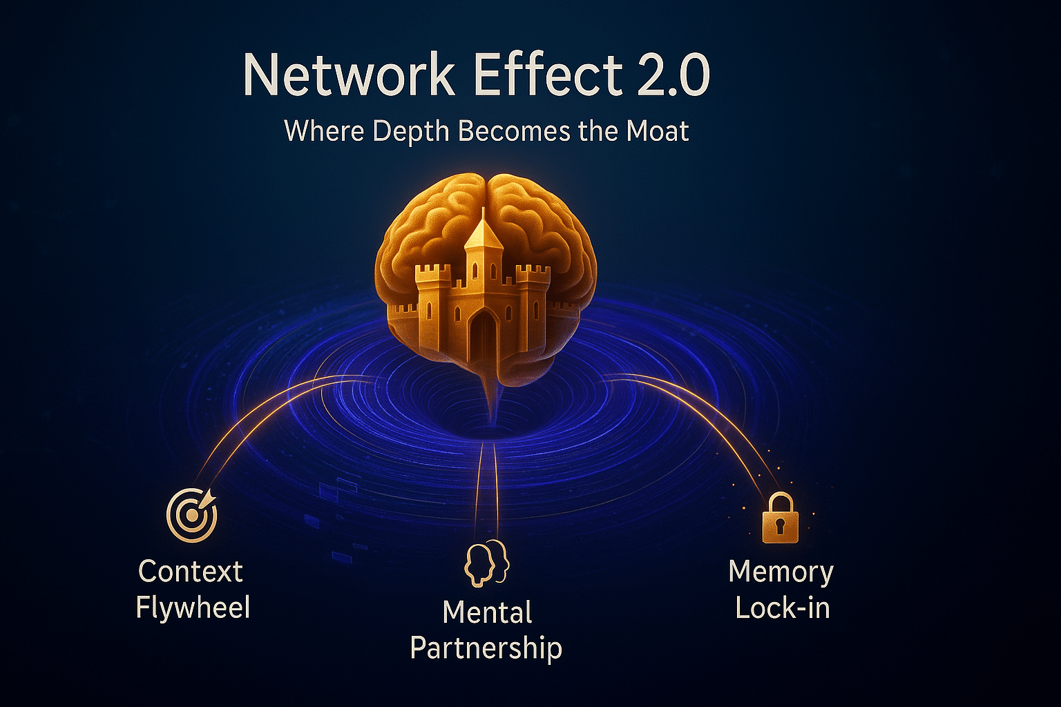 Network Effect 2.0: Depth becomes the moat through context flywheel, mental partnership, and memory lock-in.